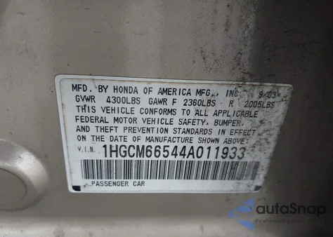 2004 Honda Accord 3.0 Ex из США, поврежденный, VIN 1HGCM66544A011933